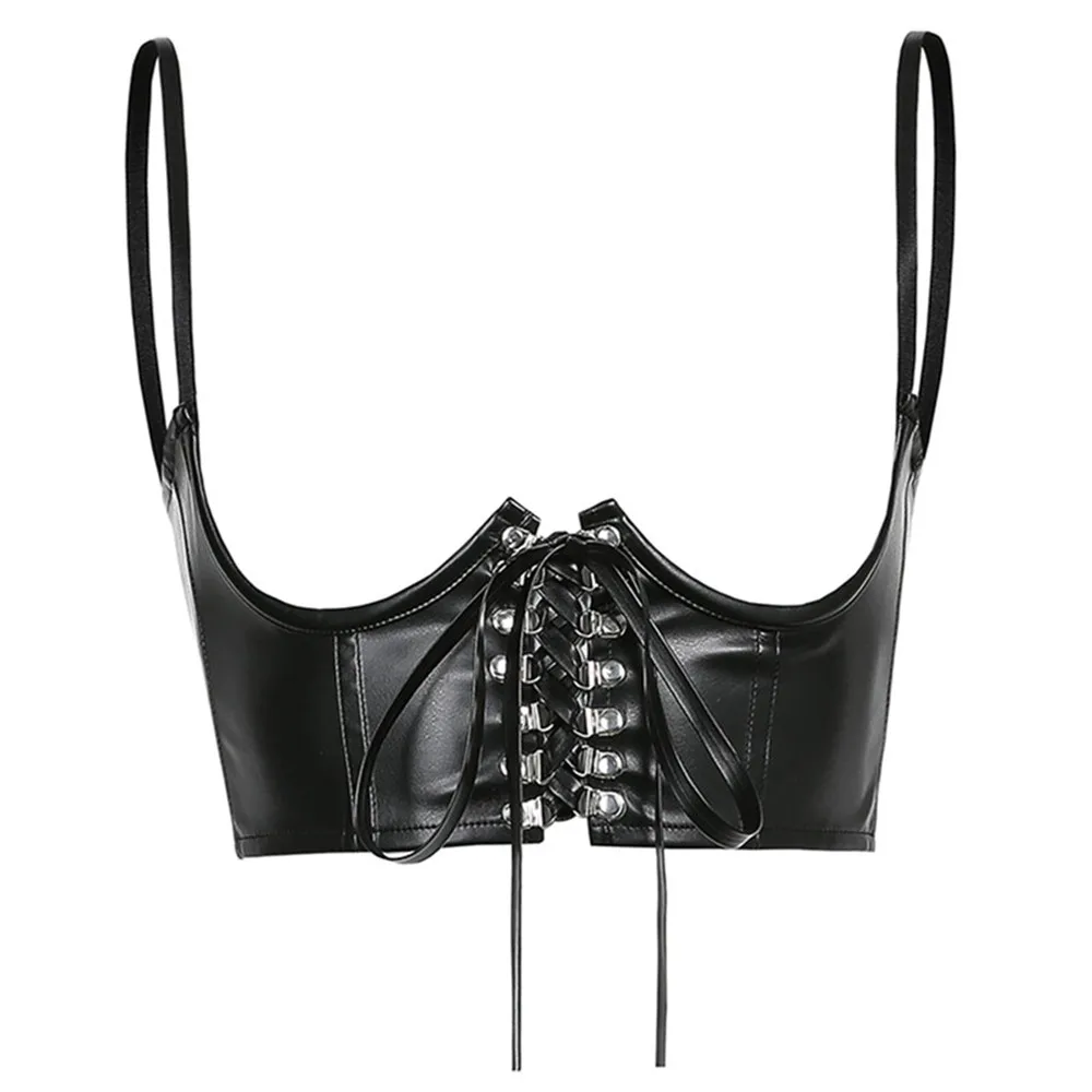 

Women Fashion Sexy PU Leather Corset Goth Punk Lace-Up Bandage Black Bustier Streetwear Underbust Support Braces Shaper Top