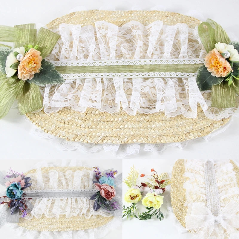 

Beautiful Lace Flower Straw Hat Hat Flat Top Hat Bonnet Hat for Head Accessories Gift for Anniversary Birthday