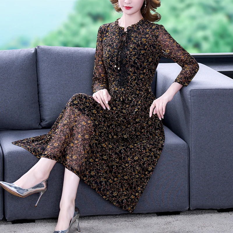 

Women Boho Floral Chiffon Midi Dress Spring Autumn Korean Vintage Long Sleeve Dress 2023 New Elegant Bodycon Casual Party Dress