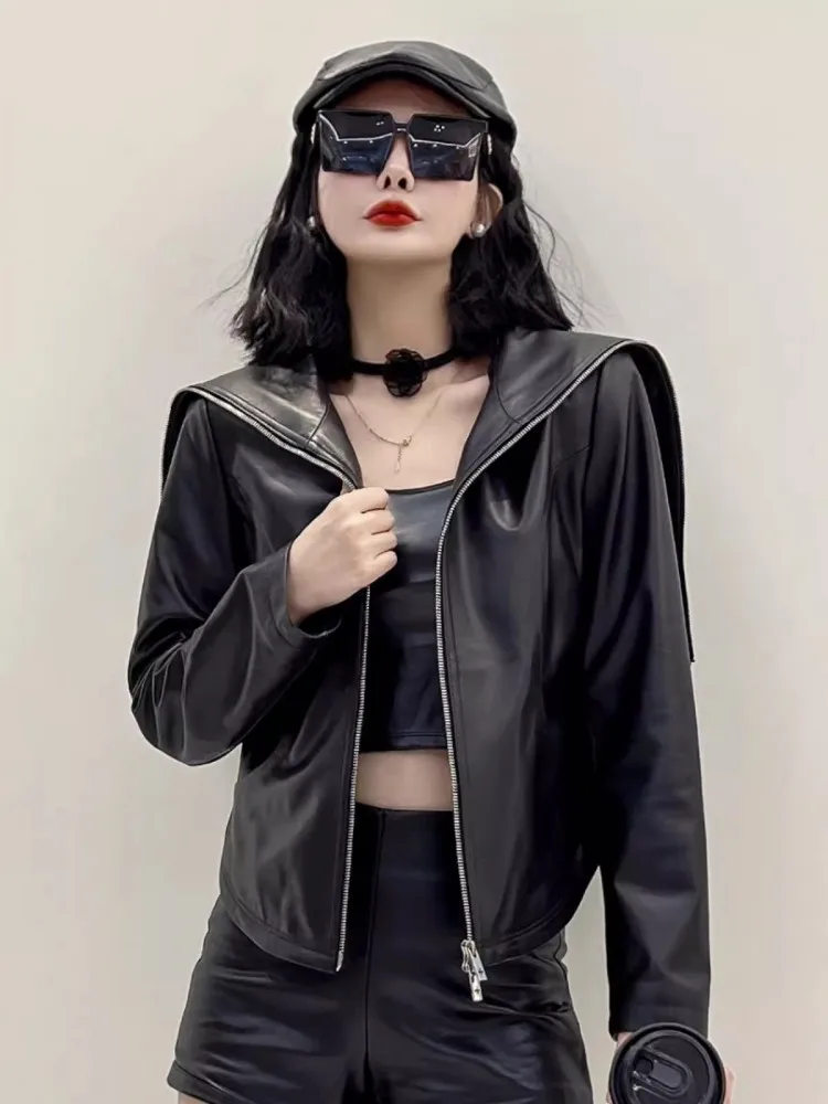 Женская короткая куртка из натуральной овечьей кожи Черная с капюшоном и длинным