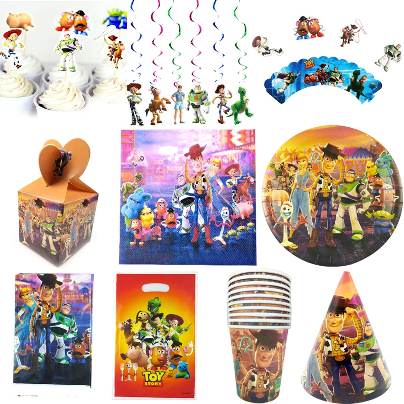 

Toy Story Tablecloth Napkins Birthday Party Plates Cups Baby Shower Decorate Swirls Candy Box Loot Bags Cupcake Toppers 123PCS
