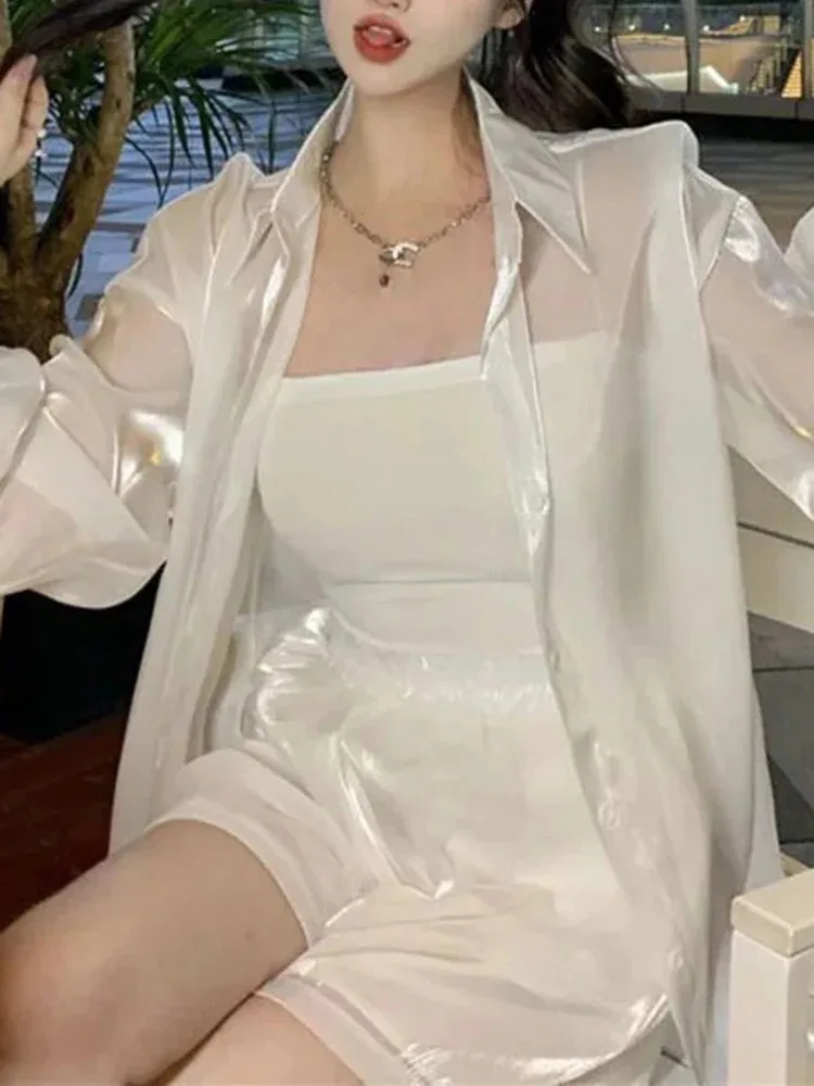 Модные прозрачные женские повседневные шорты с высокой талией комплект из двух