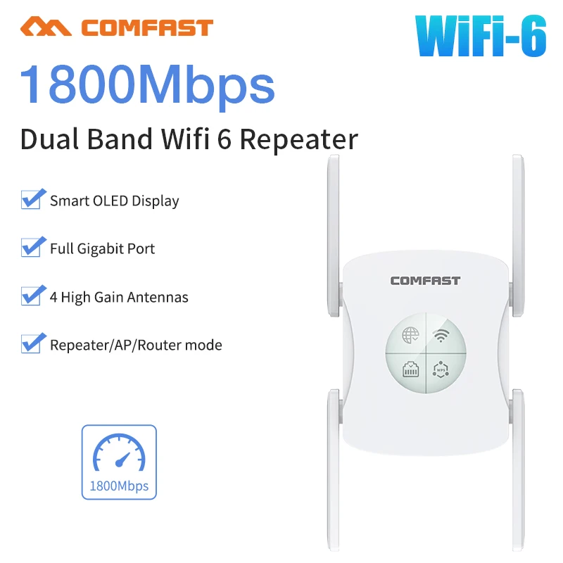 AX1800 WiFi 6 Range Extender Repeater 1.8Gbps Internet Booster Gigabit Dual-Band Signal Repeator 4 Antenna OLED  Wifi Amplifer