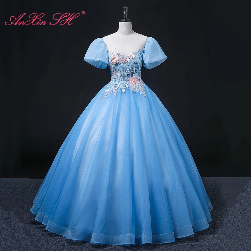 

Винтажное синее кружево AnXin SH, цветок, роза, круглый вырез, блестящее Бисероплетение, кристалл, пышные рукава, вечернее платье принцессы, веч...