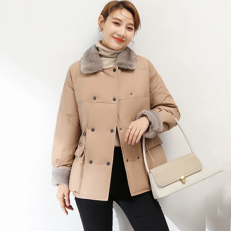 

Sheepskin Leather Coat Women's Winter Mink Hair Collar Casual Medium Long White Duck Down Lining Genuine Leather Down Jacket