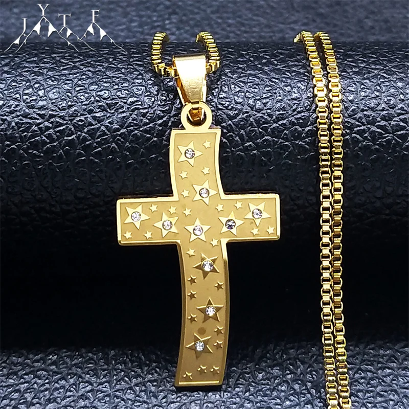 

New Cross With Crystal Star Pendant Necklace Men Women Stainless Steel Choker Shinny Rhinestone Necklaces Hip Hop Jewelry Gifts