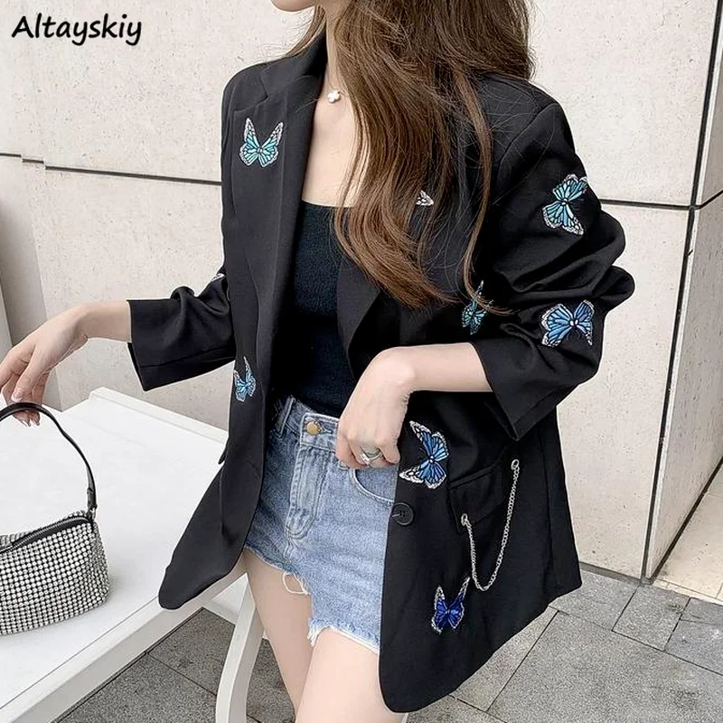 

Blazers Women Butterfly Embroidery Ulzzang Loose Lady Simple Single Breasted All-match Popular Spring Thin Outwear High Street
