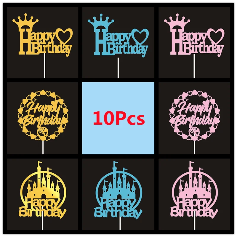 

10 Pcs/Bag Cake Topper Rose Flower Baking Decor Crown Happy Birthday Decoration Castle Cupcake Party Supplies DIY Accessories