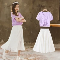 2022 teenager spring summer kid girl clothes v neck chiffon blouse t shirt white pleated skirt 5 6 7 8 9 10 12 13 14 years