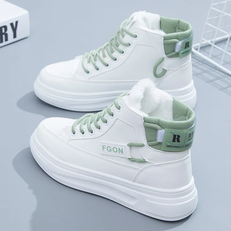 

New Winter Snow Boots Fashion Cross Lace Up Rubber Leather Wedge Ankle Boots Casual Lightweight Student Short Warm Plush Sneaker