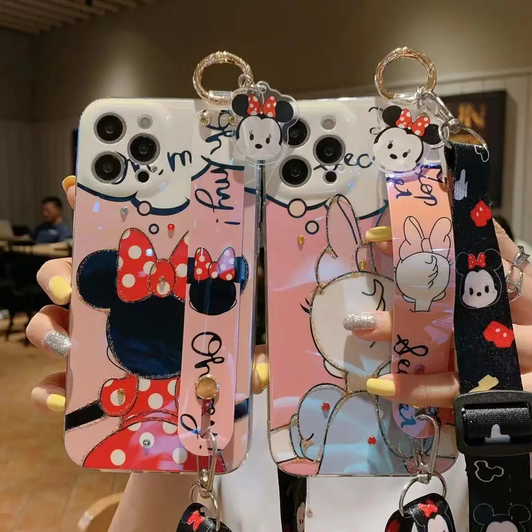 

Disney Minnie Daisy Phone Case For Iphone 11 12 13 Pro Max X Xs Xr 7 8 Plus SE 2020 With Jewelled Lanyard wrist holder Cover