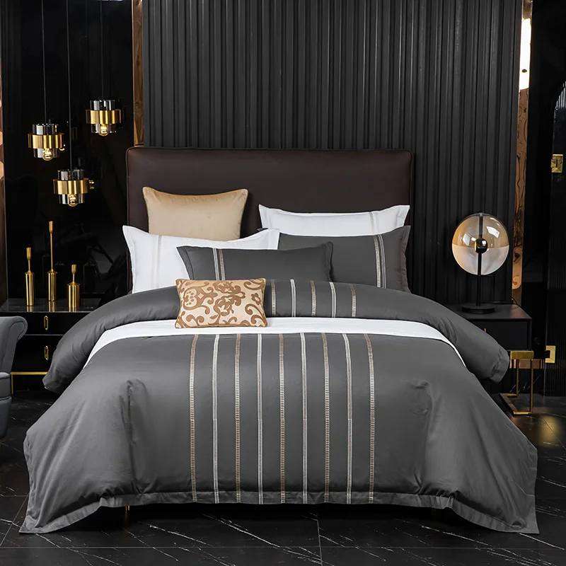 

High Quality Gray 40S Egyptian Long-staple Cotton Embroidery Bedding Solid Color Quilt/Duvet Cover Set Bed Linen Pillowcases