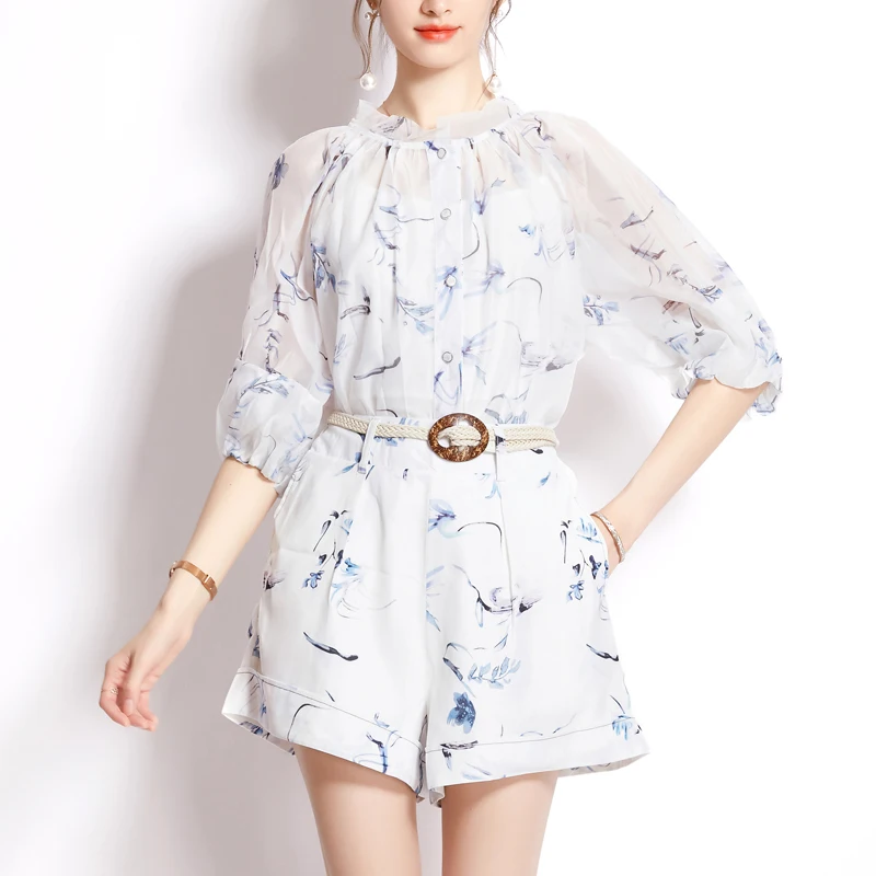 

Summer Print Women White Two Piece Set Loose O-neck Half Sleevel Shirts Blouse Tops + High Waist Wide Leg Shorts Suit New