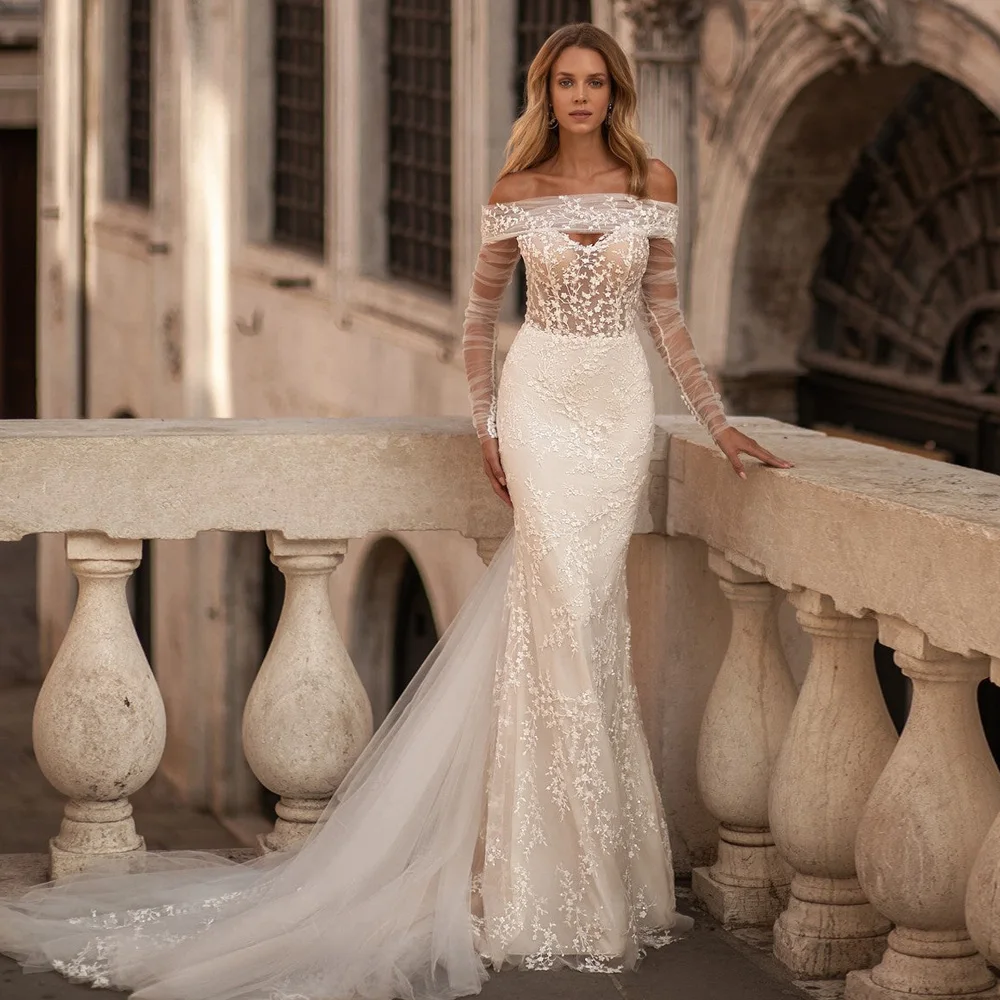 

Роскошное кружевное свадебное платье-Русалка 2023, свадебное платье с открытой спиной, открытыми плечами, аппликацией, белое, цвета слоновой кости, со съемными длинными рукавами для невесты