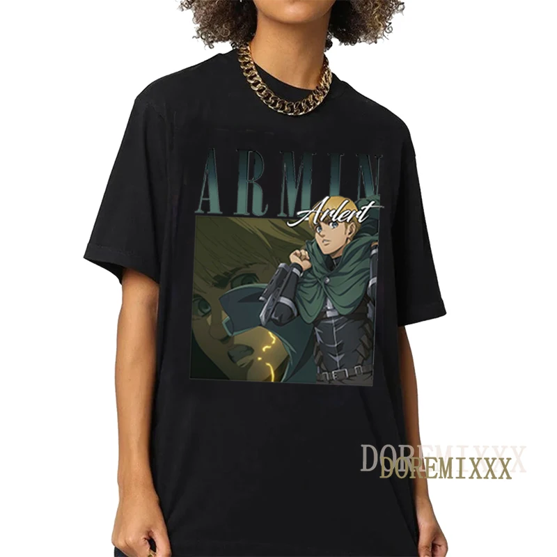 Vintage Anime T-shirt Men Women Black Tshirt Titan on Attack T Shirt Harajuku Funny Armin Arlert Tees Unisex Graphic Clothes