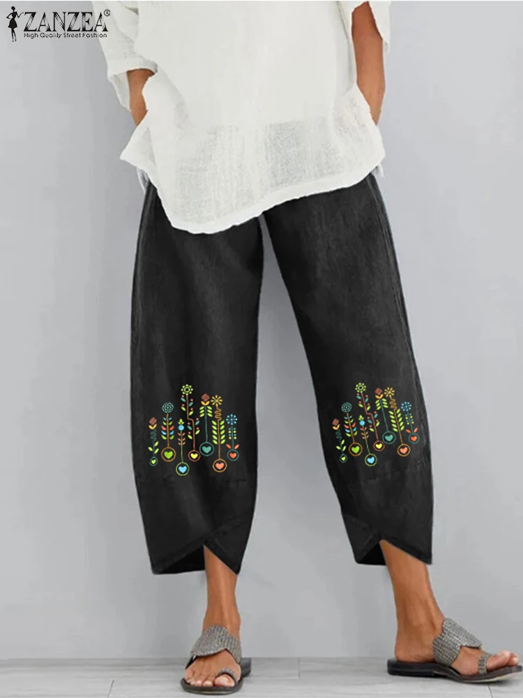 

Женские стильные осенние брюки ZANZEA, повседневные длинные брюки с эластичным поясом и принтом, уличная одежда с принтом палаццо, шаровары 2022