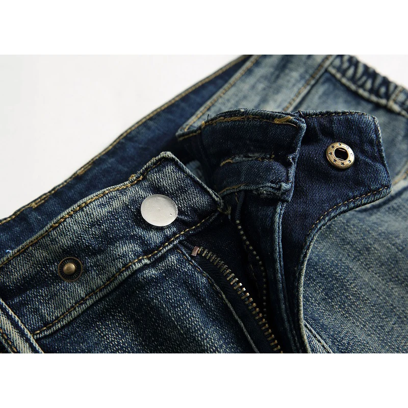 Men Jeans Vintage Jeans Trousers Men's Casual Ripped Jeans Washed Straight Slim Pleated Motorcycle Biker Jeans Pants Streetwear