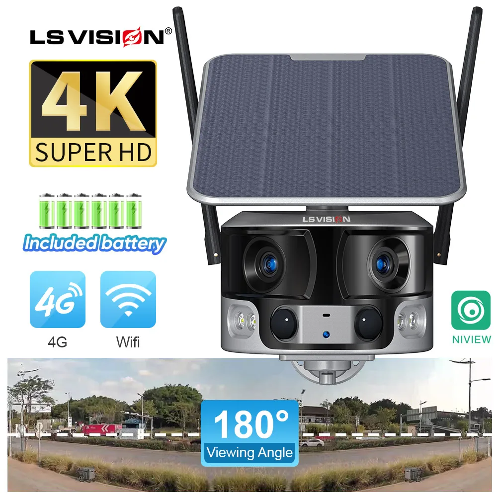 

LS VISION 4K 8MP Dual Lens 4G Solar Camera Outdoor WIFI 180° Ultra Wide View Angle PIR Human Detection Security Camera 4X Zoom