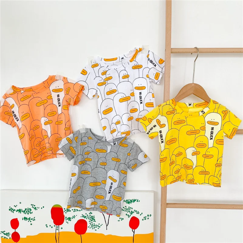 

Летняя футболка для мальчиков и девочек 2023, разноцветная детская футболка, Корейская версия, повседневные хлопковые топы, унисекс, Мультяшные футболки