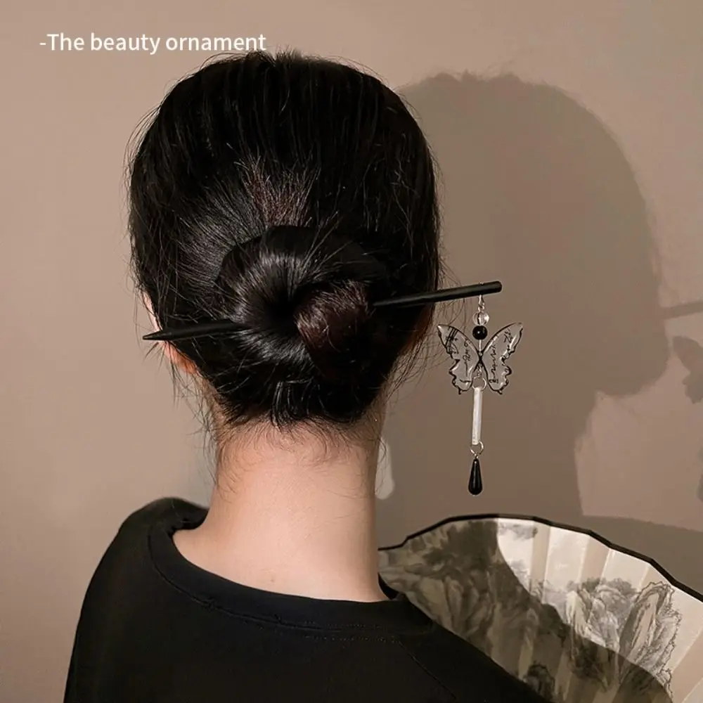Шпилька для волос с бабочкой и кисточкой в старинном стиле, Шпилька для волос из эбенового дерева с длинной кисточкой, головной убор Hanfu с шаговым встряхиванием, женская шпилька для волос