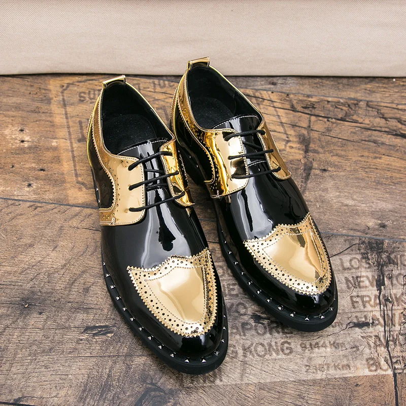 

British Style Men's Leather Shoes Fashion Shiny Brogue Shoes Men Gold Sequin Wedding Party Shoes Big Size Man Formal Dress Shoes