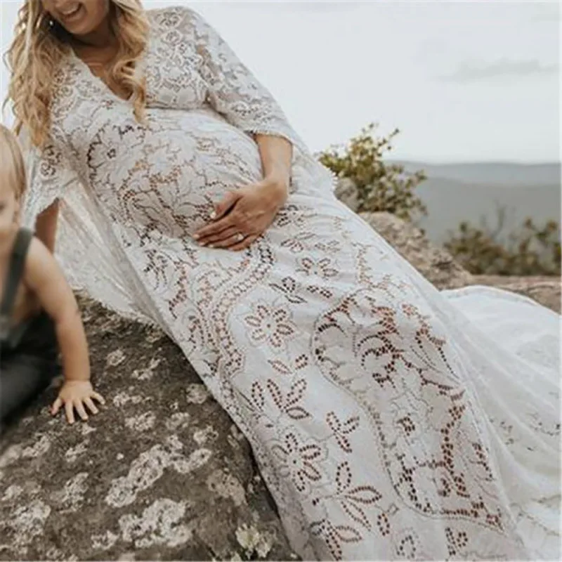 2022 Boho Style Lace Maternity Dress For Photography Maternity Photography Outfit Maxi Gown Pregnancy Women Lace Long Dress