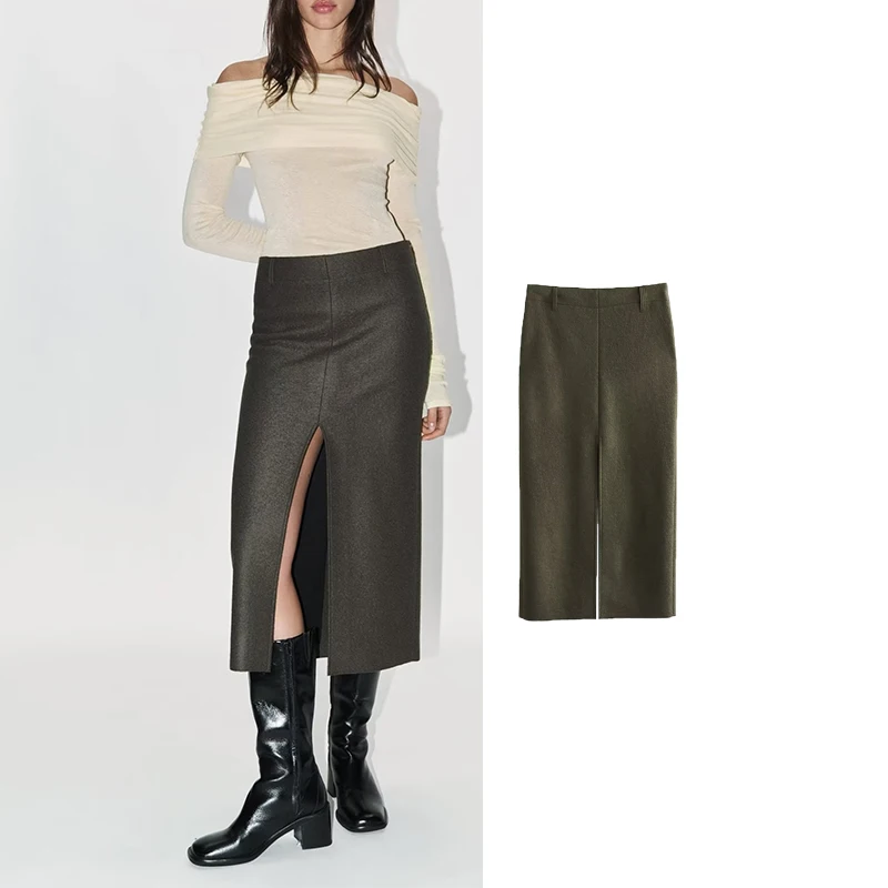 

TRAF Wool Skirt Women High Waist Long Winter Skirt Woman Fashion Split Midi Skirts Womens 2024 Winter Elegant Women's Skirts