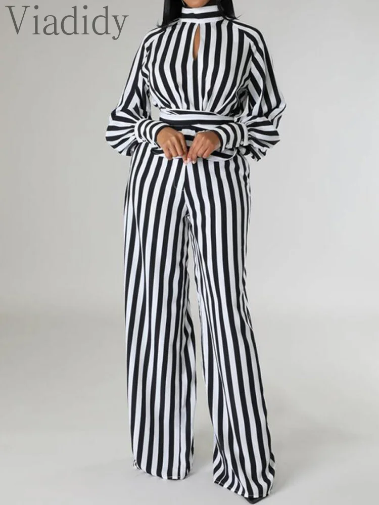 Женский комплект из 2 предметов топ в полоску с рукавами-фонариками и широкие