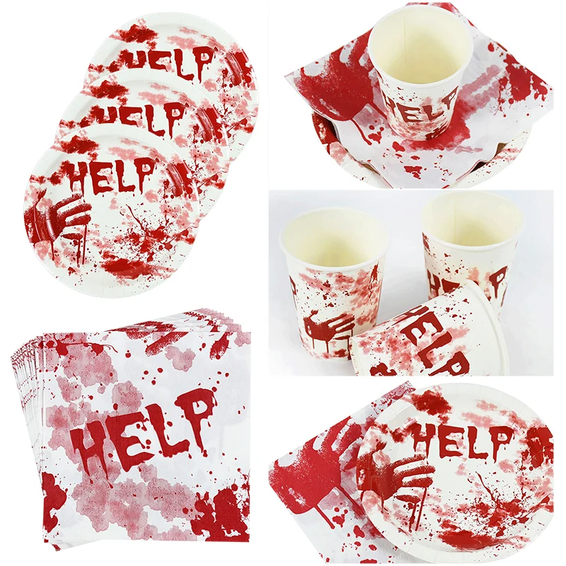 

Halloween Scary Bloody Disposable Tableware Paper Plates Cups Napkins Halloween Festival Decoration Home Dinner Party Supplies