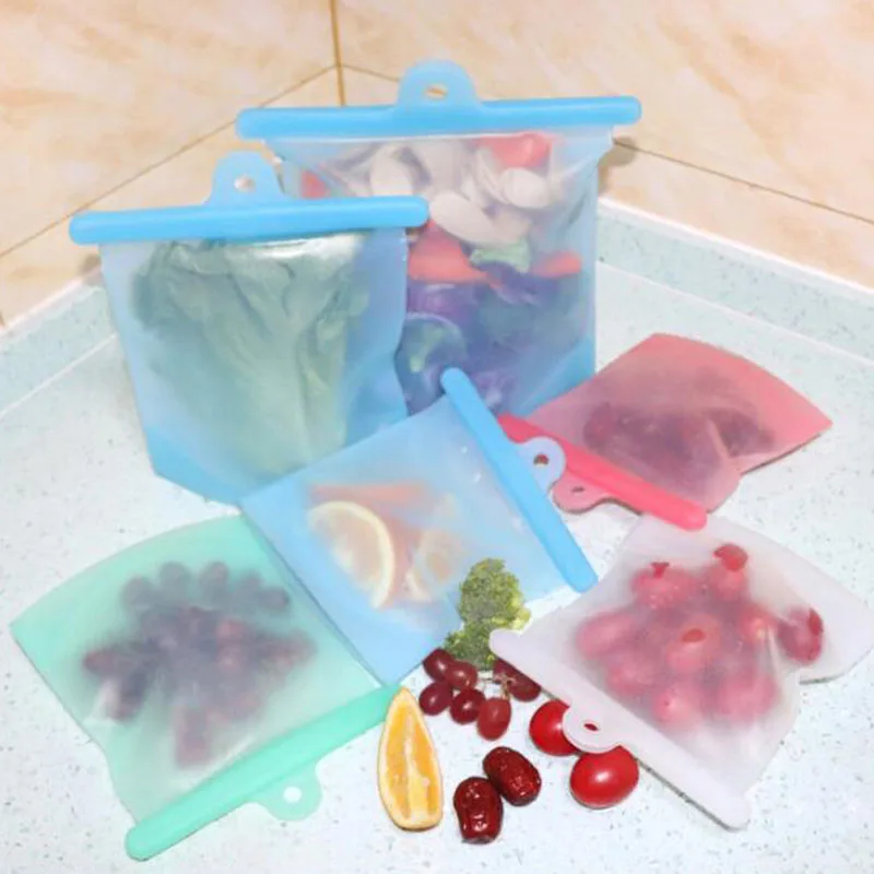 

Reusable Food Storage Bag Kitchen Organizer Case Silicone Washable Leakproof Sealed Fruits Vegetable Fresh-keeping Bag 500ML