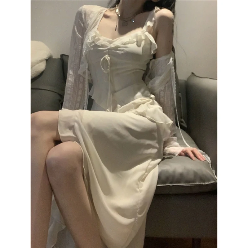 

2022 New Summer French Chic Ruffle Sexy Off Shoulder Slit Fairy Sweet Party Dresses for Women Casual Solid Midi Dress Robe Femme