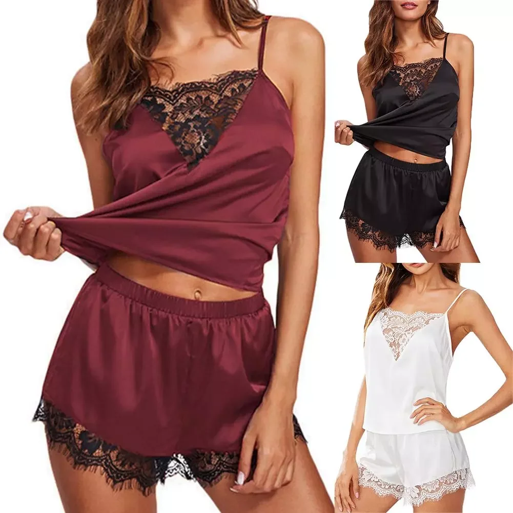 

2Pcs 2022 Women Sexy See Through Lace Hem Camisole Short Pants Pyjamas Sleepwear Nightwear Set