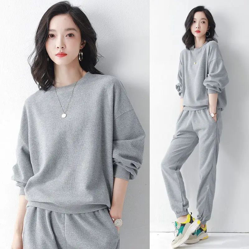 

Cotton Sports Suit Women 2022 Spring Autumn New Fashion Round Neck Long Sleeve Casual Running Wear Women Sweat Suits
