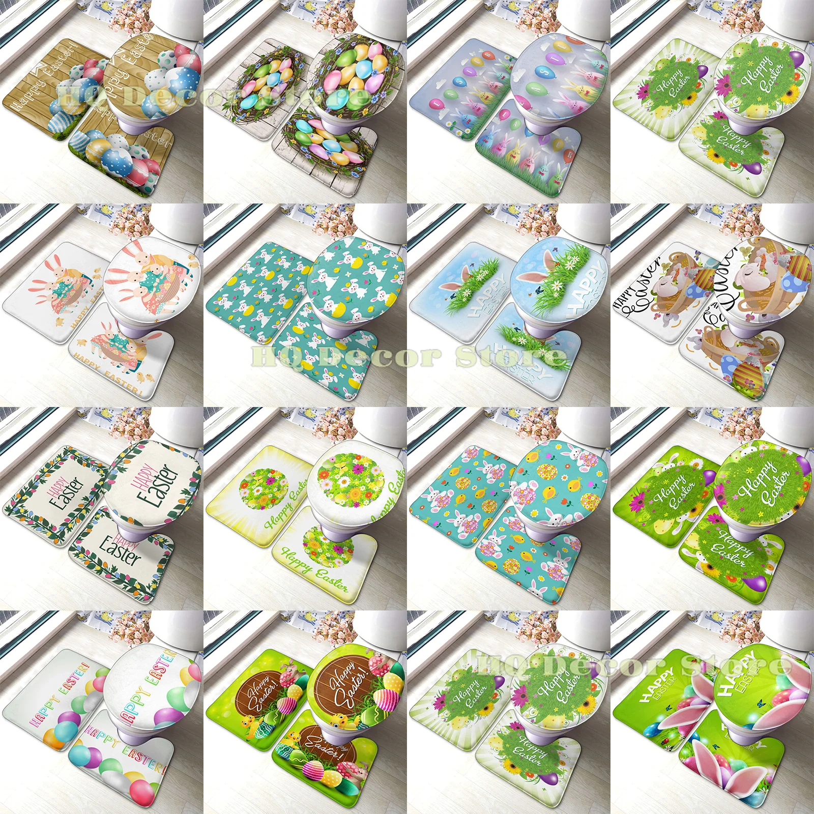 

Bathroom Rugs and Mats Sets 3 Piece Bathroom Rugs Colorful Easter Eggs Green Flowers Absorbent Microfiber Memory Bathroom Rugs