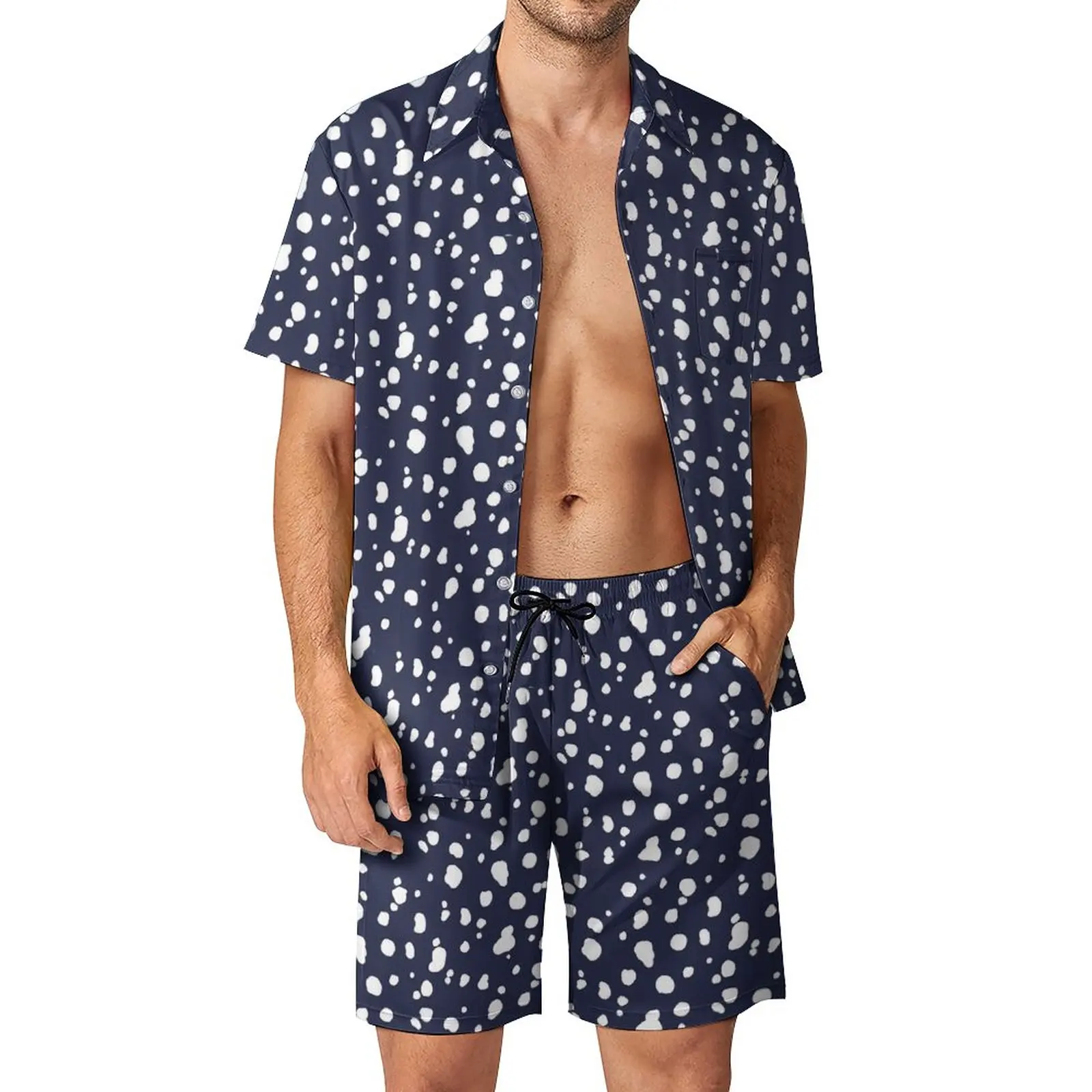 

Костюм пляжный мужской с графическим принтом, Повседневная рубашка с шортами и коротким рукавом, комплект из темно-синего и белого цветов, одежда большого размера с далматинским принтом