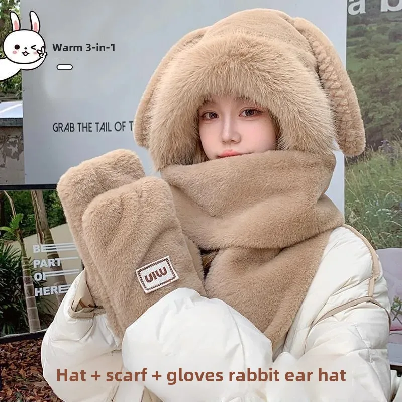Милая плюшевая шапка с кроликом шарф интегрированные длинные уши осень/зима
