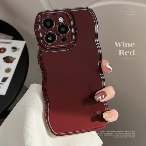 Модный милый винно-красный противоударный чехол с волнистой рамкой для телефона iPhone 15 14 13 12 11 Pro Max, воздушная сумка, мягкая задняя крышка, нескользящий бампер