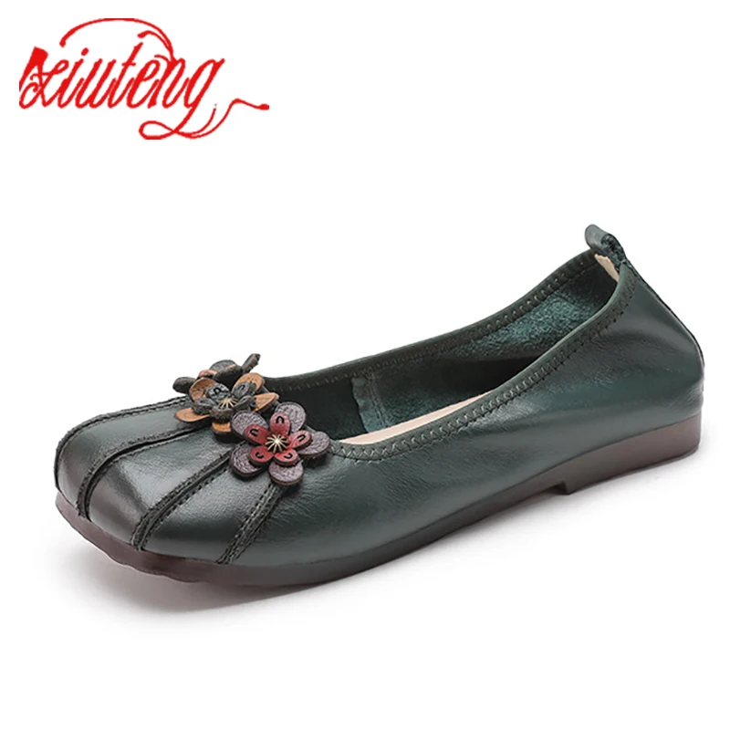 Xiuteng 2022 Summer Cow Leather Retro Mother Shoes Soft Bottom Small Single Shoes Handmade Cowhide Flower Dancing  Shallow Flats