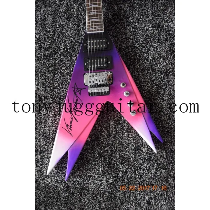 

Custom Ed Roman DE Vinnie Vincent Flying V Double V Purple Pink Electric Guitar, Rosewood Fingerboard & Shark Fin Inlay,