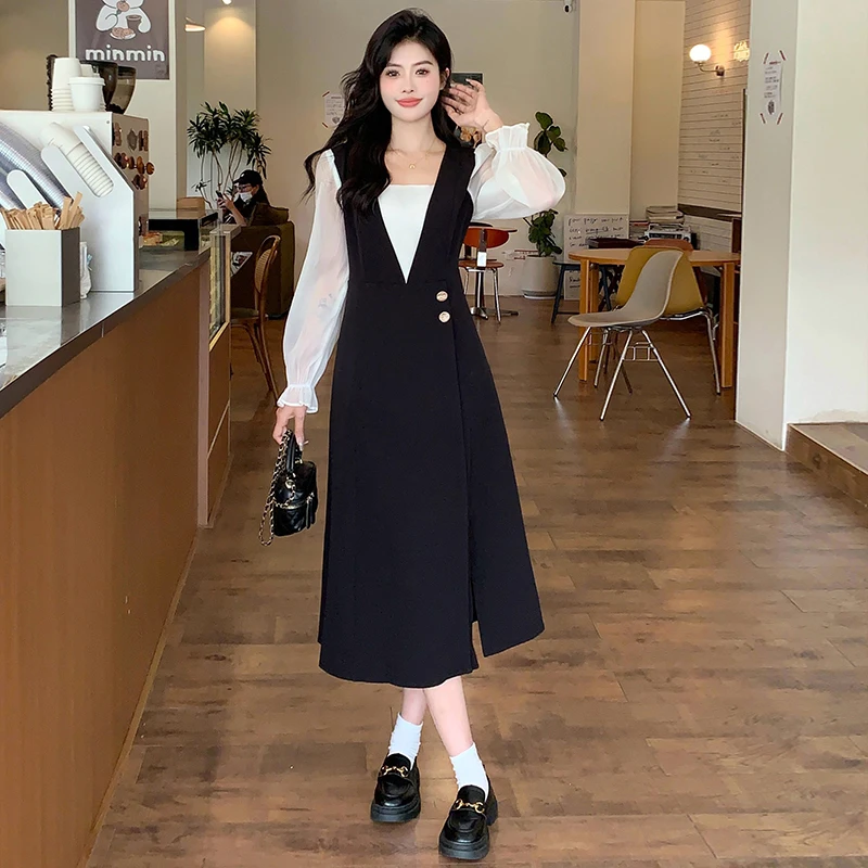 Осень-зима женские искусственные платья из двух частей с квадратным воротником