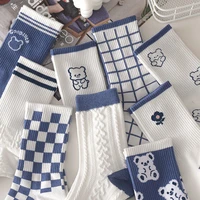 cartoon bear autumn winter socks for women blue plaid japanese korean fashion student gifts cotton middle tube sock