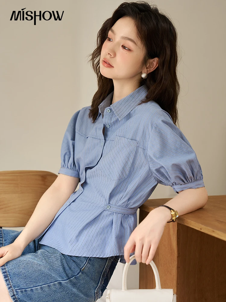 

MISHOW Blue Striped Shirt Summer 2023 Retro Button Waist Loose Puff Sleeve Single Breasted Casual Shirts Slim Fit Top MXC35C0029