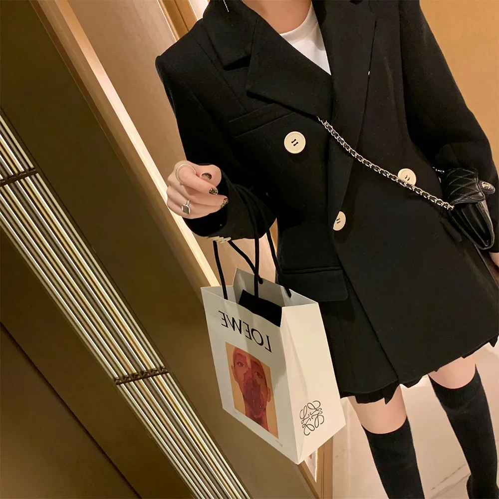 Осень 2024 черный двухрядный комплект одежды в западном стиле на пуговицах