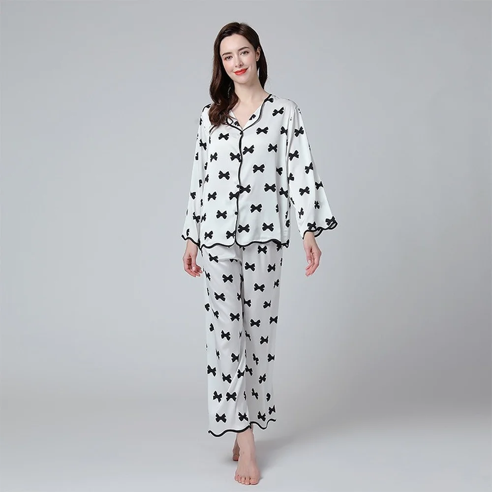 Pajamas for Women 2 Piece Set Long Pants Silk Satin Loungewear Sleepwear Suit Female Pijamas Sets Womens Outfits Home Clothes