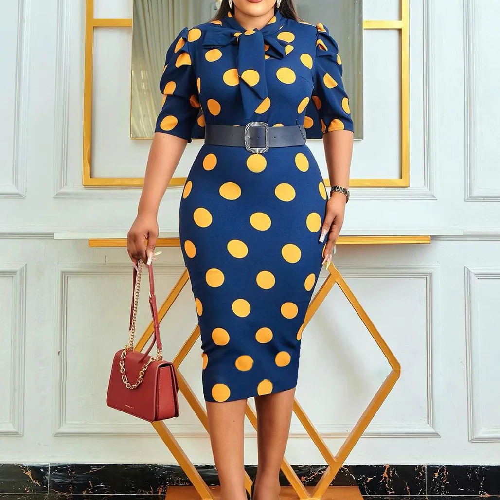 

Dress Bow Short Sleeve Polka Dot Print Waist Western Style With Belt Africa OL Commuter Elegant Dress For Women 2022 Summer New