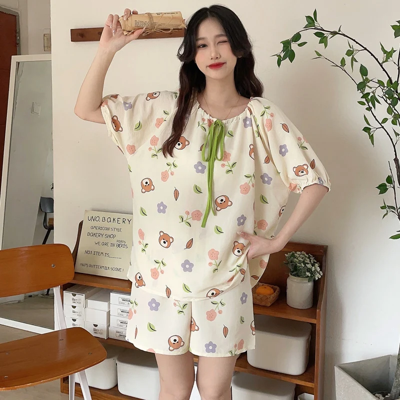 

2023 New Summer 100% Cotton Short Sleeve Shorts Pajama Sets For Women Korean Cute Cartoon Sleepwear Pyjama Homewear Home Clothes