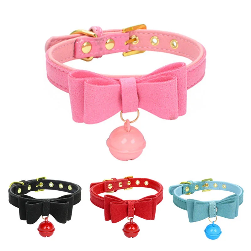 

Solid Cat Dog Collar With Bells Adjustable Double Bowknot Kitten Puppy Collars Cute PU Personalized Pet Necklace For Chihuahua