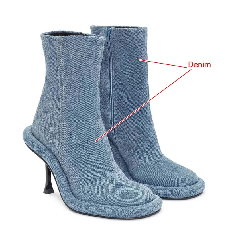 fashion street denim ankle boots for women European pop microfiber pumps sexy lady round toe zipper riding boots wedge high heel