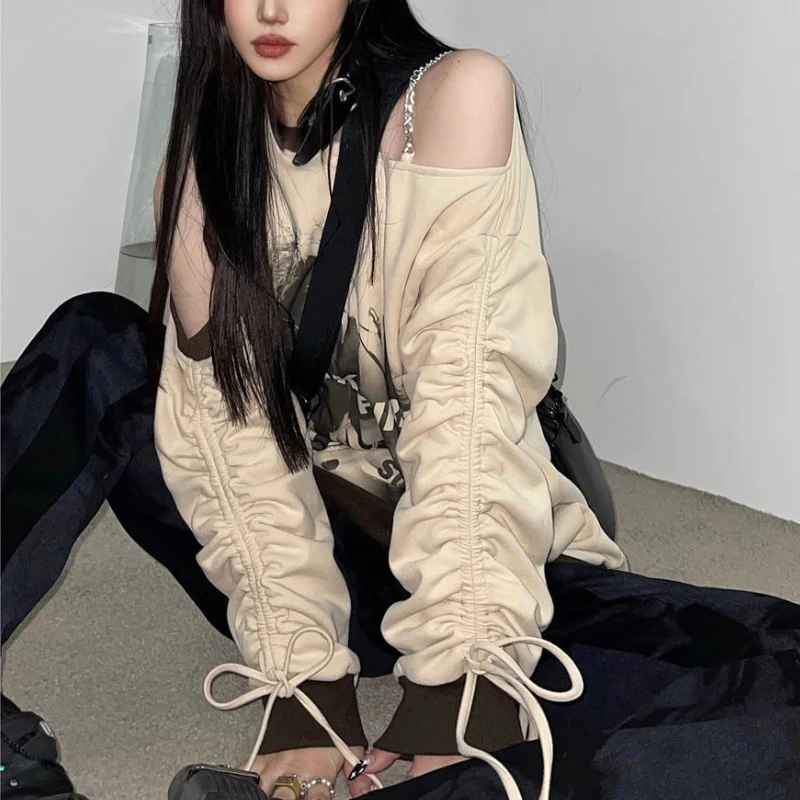 

Punk Grunge Vintage Print Off Shoulder Hoodie Women Bandage Drawstring Long Sleeve Loose Sweatshirt 2023 Autumn Fashion Y2k Top
