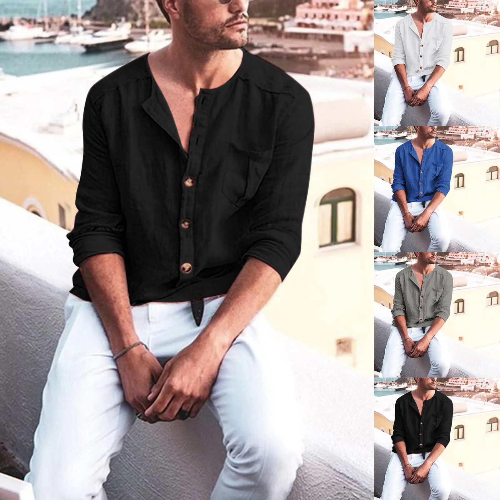 

Men's Shirt Solid Color Round Neck Men's Clothing Long Sleeve Male Shirt Tops Blouse Casual Shirts For Men Camisas De Hombre